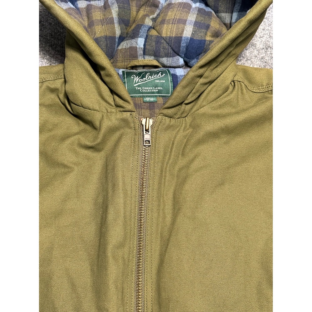 Woolrich Green Label Canvas Hooded Work Jacket Olive Green Plaid Lined Mens XL